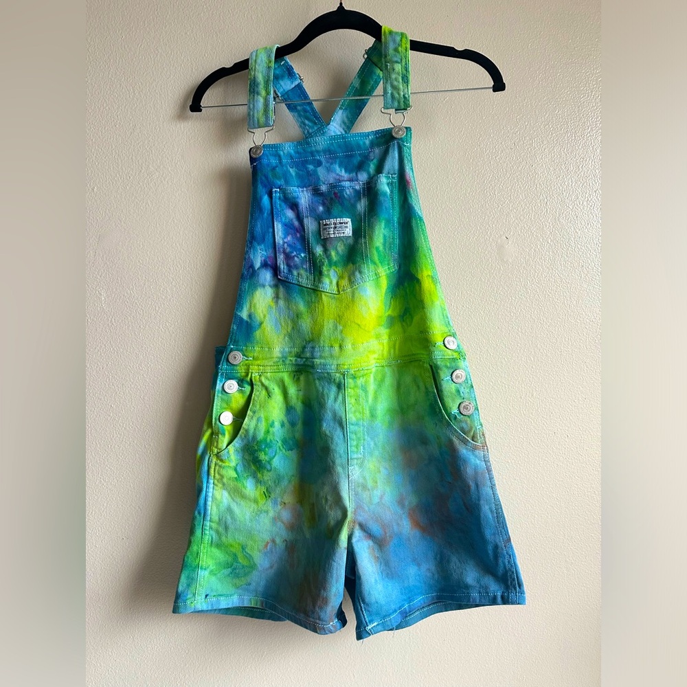 Ice dyed upcycled shortalls size small wallflower